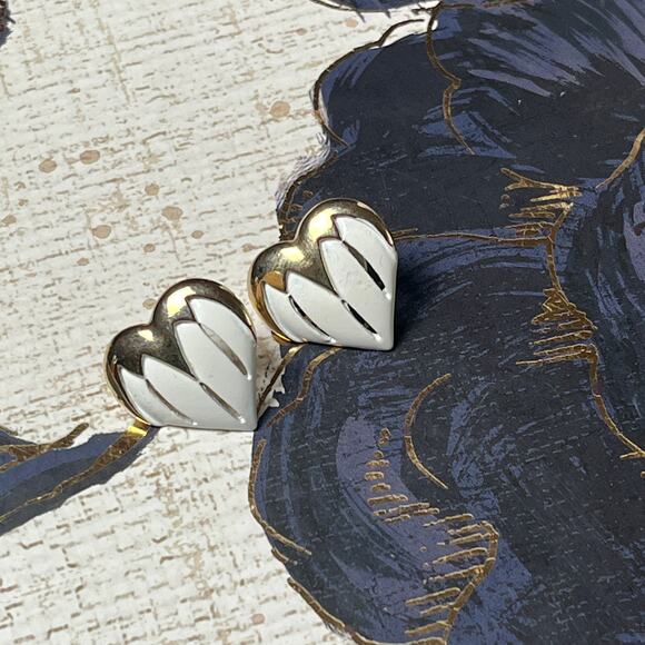 Vintage 90s Gold and White Heart Pierced Earrings - Picture 1 of 5